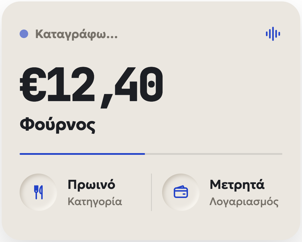 Η κάρτα που επιβεβαιώνει την καταγραφή: €12,40 στον φούρνο, Πρωινό, μετρητά
